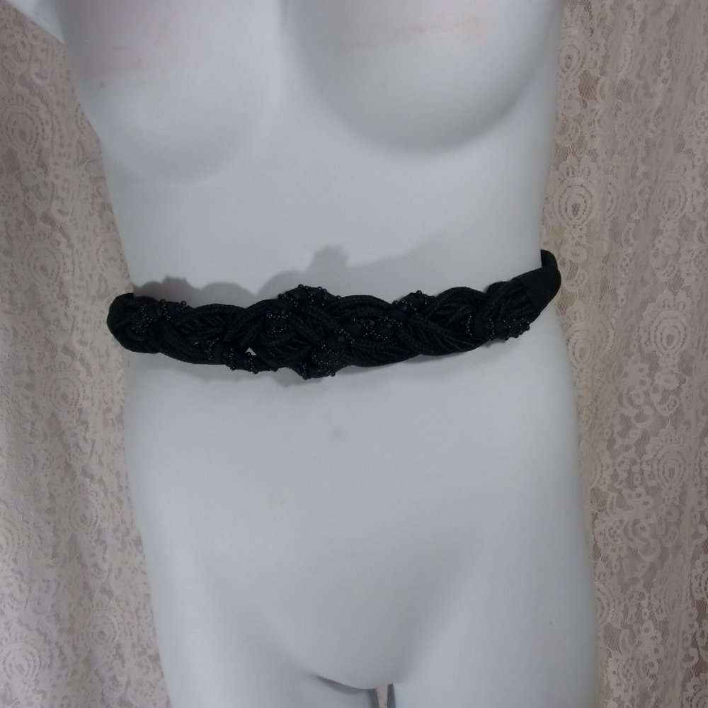 Vintage Black Braided Cord Belt with stretch Bead Accents. See Measurements